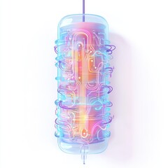 Futuristic neon circuit board in a transparent tube with vibrant colors.