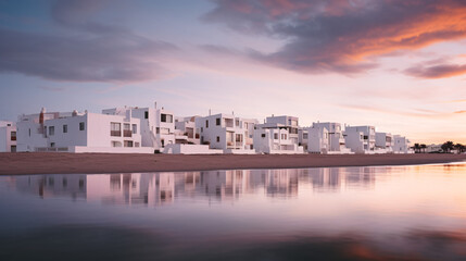 Fototapeta premium Coastal white buildings illuminated by the warm glow of a sunset, creating a tranquil and picturesque seaside atmosphere.