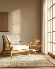 Minimalist, japandi style interior design of modern living room.