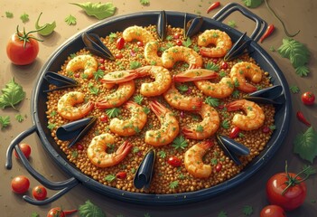 Illustration of Spanish paella with shrimp, mussels, and herbs on rustic surface