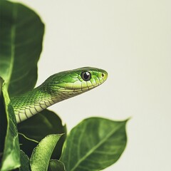 Fototapeta premium Green snake in green fresh leaves on white background, empty space for text, copy space. Symbol of 2025 year of the Snake, picture for postcard and poster calendar