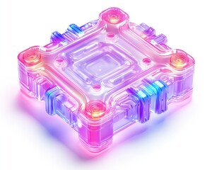 Futuristic square device with vibrant neon colors, white isolated background.