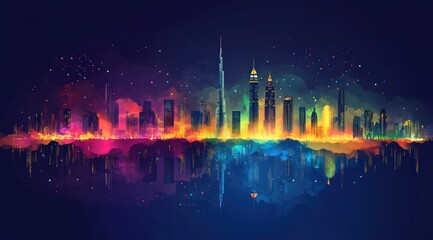 colorful illustration of Dubai skyline with graffiti art, night sky