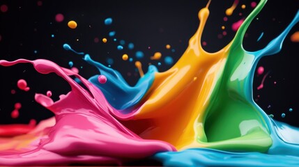 Fototapeta premium Dynamic splashes of pink, orange, green, and blue create a vibrant symphony of colors against a dark background, evoking expression and artistic creativity.