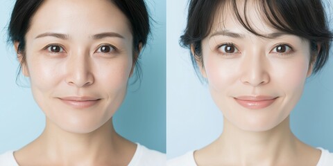 変身コンセプト：メイクアップの強化前と後の分割画面