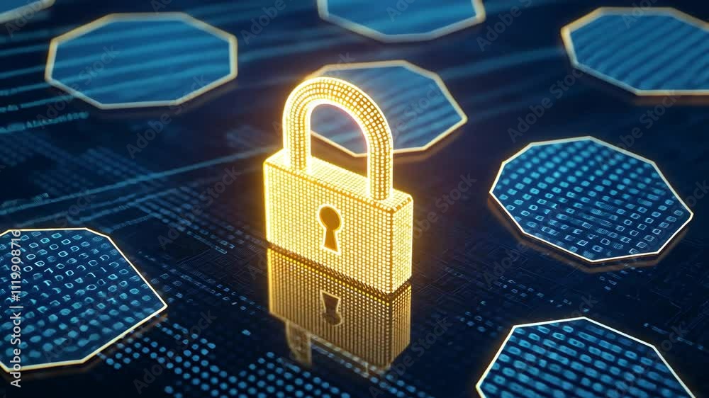 Aufkleber glowing digital padlock on hexagonal background with data patterns and cybersecurity theme