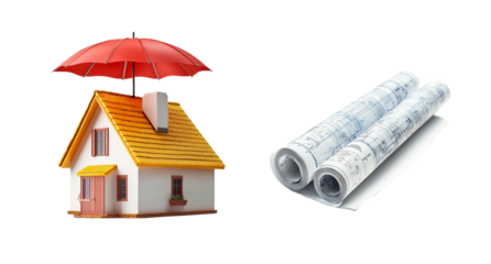 House Model with Red Umbrella and Blueprints