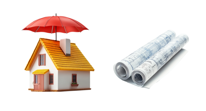 House Model with Red Umbrella and Blueprints