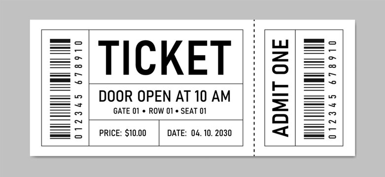 Ticket for Event or Program Access. White and Black Ticket Design for Entry. Retro ticket concert and festival event, movie theater coupon.