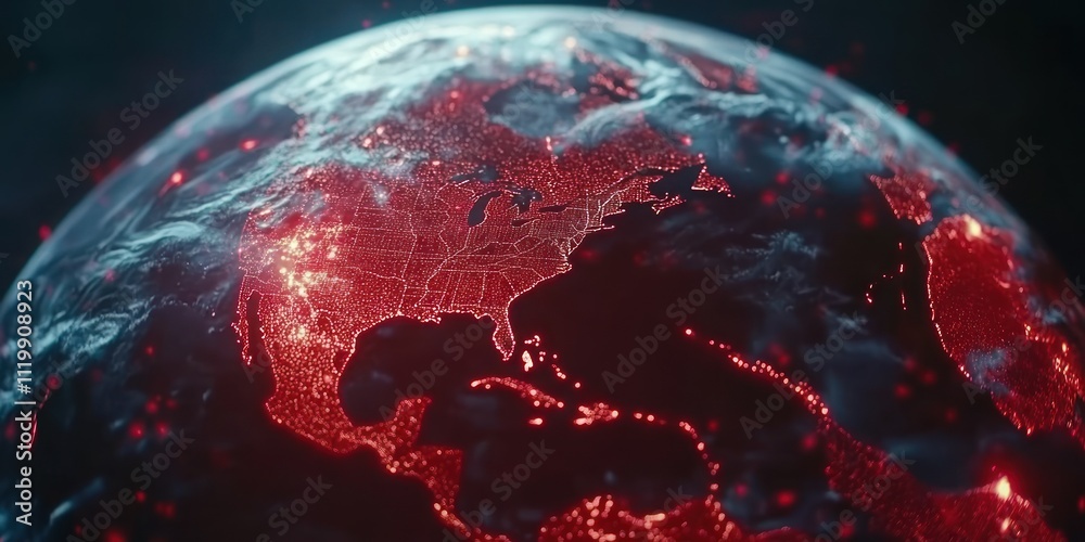 Poster a digital representation of earth highlighting urban areas with red illumination.