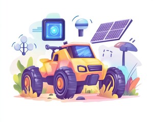 Naklejka premium Illustration of a yellow off-road vehicle with solar panels and technology icons.