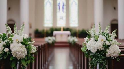 Wedding planning ceremony theme. Beautiful floral arrangements in a serene church interior.