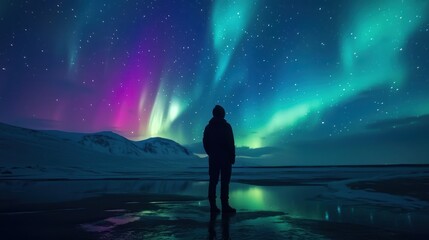 Fototapeta premium A person gazing up at a stunning display of the Northern Lights in a dark, clear night sky, showcasing the astounding beauty of natural phenomena