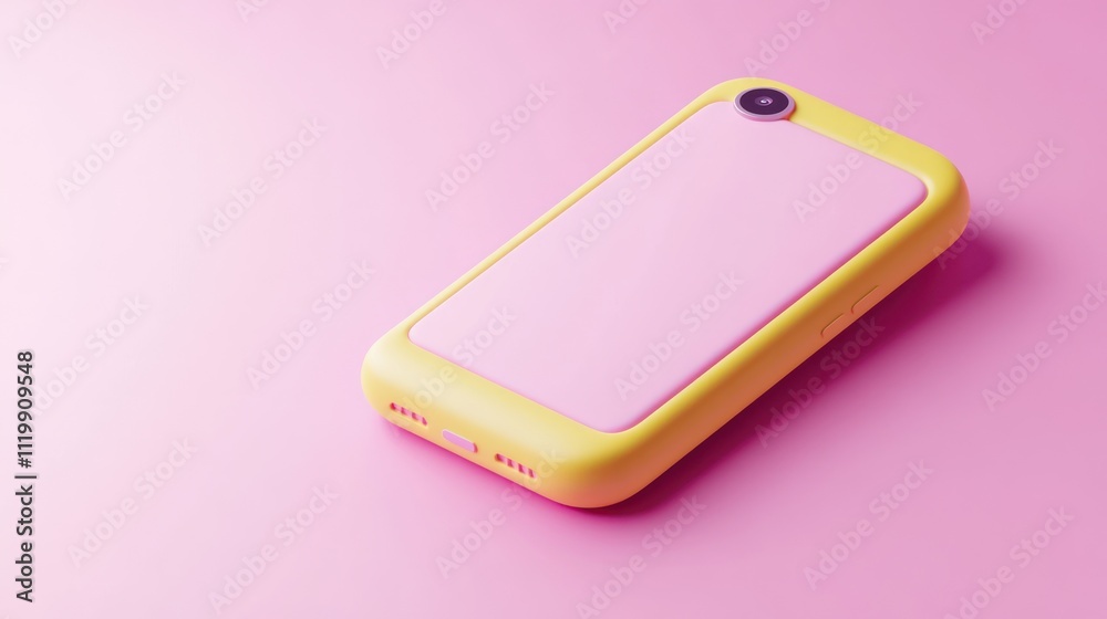 Poster a colorful smartphone with a pink and yellow design, emphasizing modern tech aesthetics.