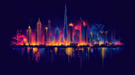 colorful illustration of Dubai skyline with graffiti art, night sky