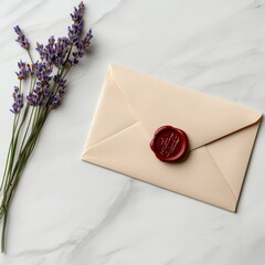 A love letter with a red wax seal and a small bouquet of lavender on a white surface