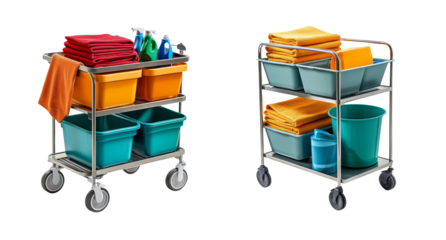 Cleaning Supplies on a Cart with Various Colors