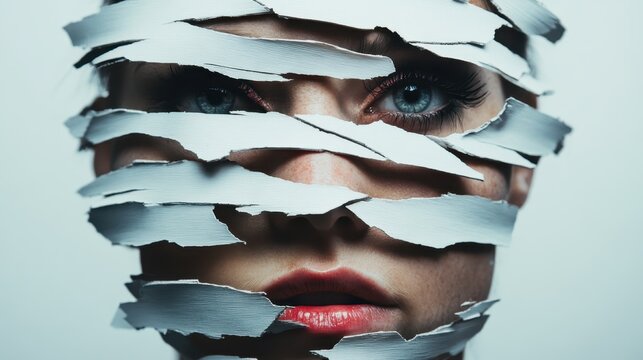 The image showcases a mysterious gaze emanating from between intricately shredded layers of paper, blending artistic expression with enigmatic beauty.