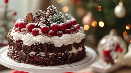 Fresh baked delicious Christmas cake with cream and winter holidays decorations. Tasty pie with frosting and sprinkles. Christmas cozy decoration.