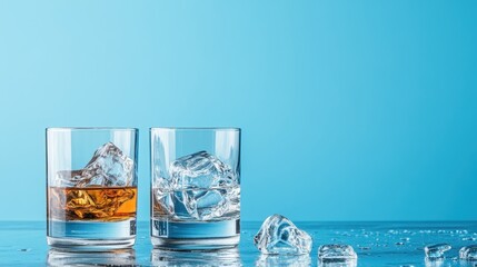 Two clear glasses filled with ice, one with amber liquid, are displayed against a bright blue backdrop, evoking a sense of refreshment and modern elegance.
