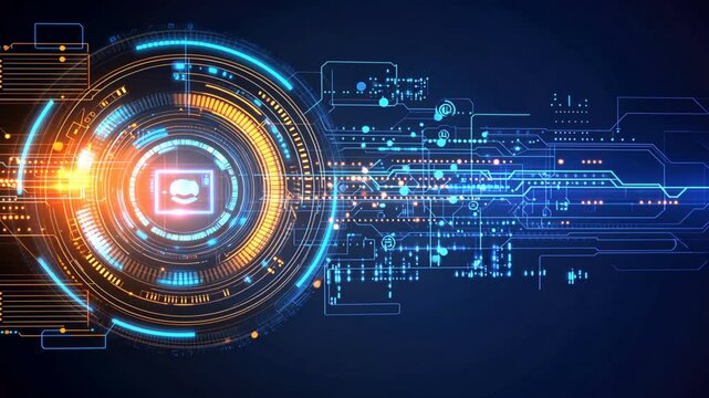 Futuristic Digital Technology Glowing Circuits and Abstract Designs in Blue and Orange, Showcasing Innovation and Vibrant Patterns for Cutting Edge Experience.