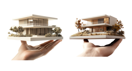 Modern House Model in Hand on Transparent Background
