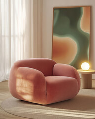 Minimalist, japandi interior design of modern stylish living room. Accent pink armchair against window.