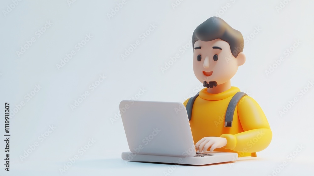 Poster a cheerful cartoon character working on a laptop in a minimalist setting.