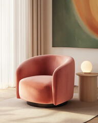 Minimalist, japandi interior design of modern stylish living room. Accent pink armchair against window.