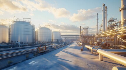 Obraz premium Industrial landscape oil refinery infrastructure urban setting wide angle industry