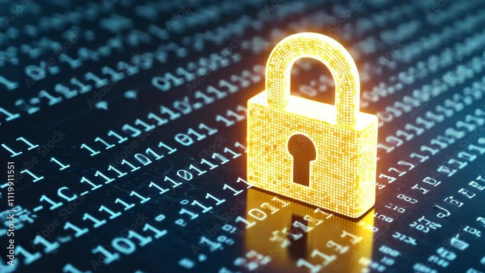 Poster glowing golden padlock on digital background with binary code and encryption symbols