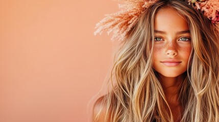 Fototapeta premium A young girl with long, flowing hair and a wreath of dried flowers atop her head gazes warmly towards the camera, her freckled face highlighted by soft natural light.