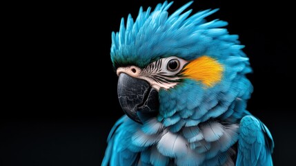 Obraz premium An elegant blue macaw poses gracefully on a branch, its vivid plumage contrasting beautifully against its black background, showcasing vibrant avian beauty.