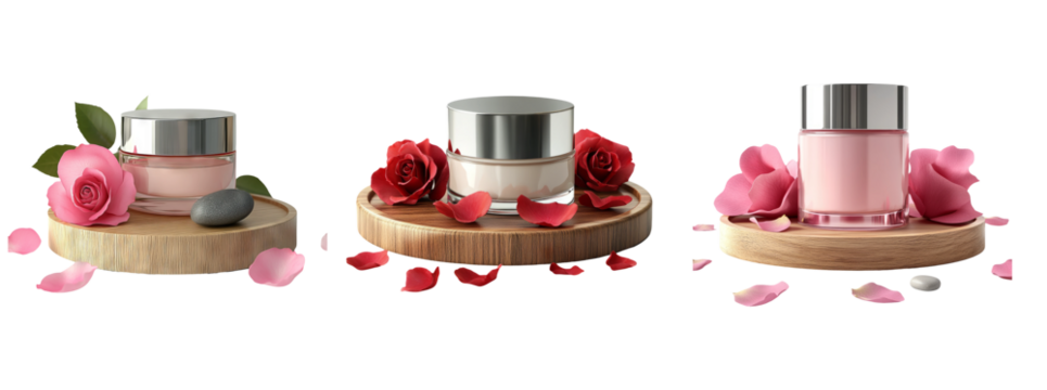 Elegant Beauty Creams with Roses on Wooden Stands