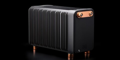 Fototapeta premium A sleek black radiator with copper accents, designed for efficient heating, showcasing modern engineering and aesthetic appeal.