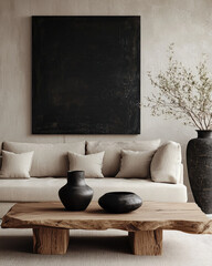 Minimalist, japandi style interior design of modern living room.