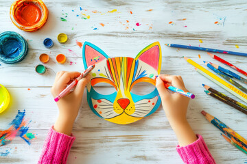 children hands paint a paper cat mask with multicolored pencils, paints and pencils are scattered chaotically nearby on a white wooden table, the mask