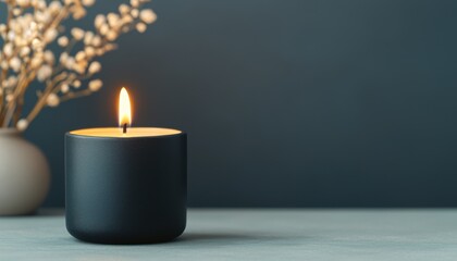 A serene black candle glows softly beside a decorative vase with delicate florals, creating a calming ambiance in a minimalist setting.