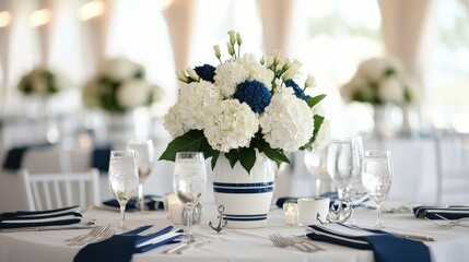 Wedding planning ceremony theme. Elegant table setting with floral centerpiece and glassware.