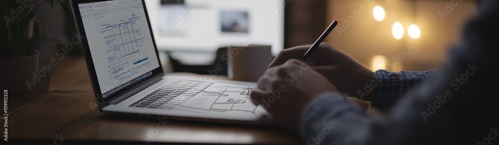 Poster A person working on a laptop, analyzing data and creating diagrams in a dimly lit environment.