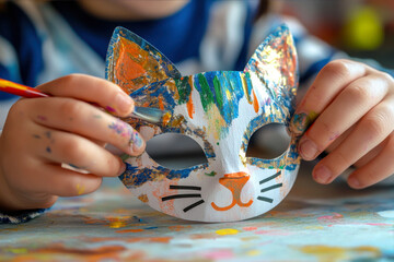 Hand made child's hands paint a paper cat mask

