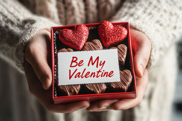 Close up of mans hands holding out red box with hearts made of chocolate and card