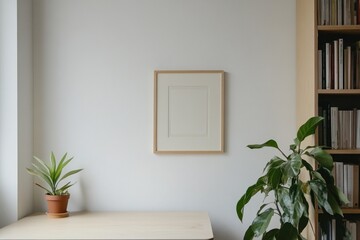 Minimalist interior with a plant and framed artwork on a light wall.