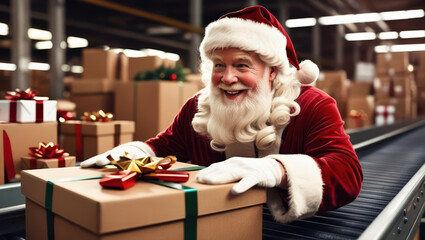 Santa Claus joyfully works with Christmas gifts on conveyor belt in festive warehouse, surrounded by beautifully wrapped presents