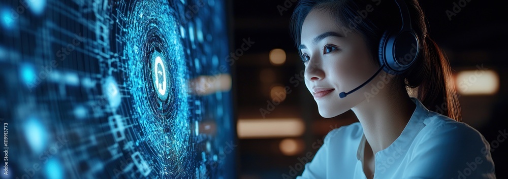 Poster a woman with a headset engages with a digital interface, symbolizing technology and communication.