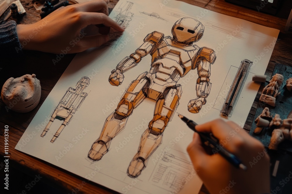 Poster a person sketches a robotic figure on paper, showcasing design and creativity.