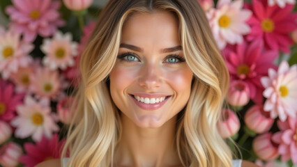 Beautiful bright cheerful happy young woman blonde with blue eyes, against the background of a wall of fresh flowers.