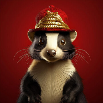 Artistic skunk with red hat; red background Image