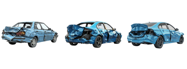 Damaged Blue Car on Transparent Background
