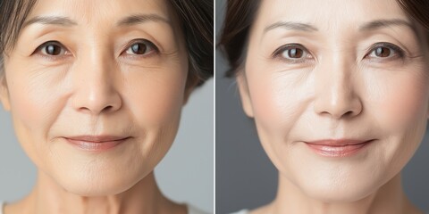 変身と若返り：肌の治療前と治療後を描いた分割画面ポートレート